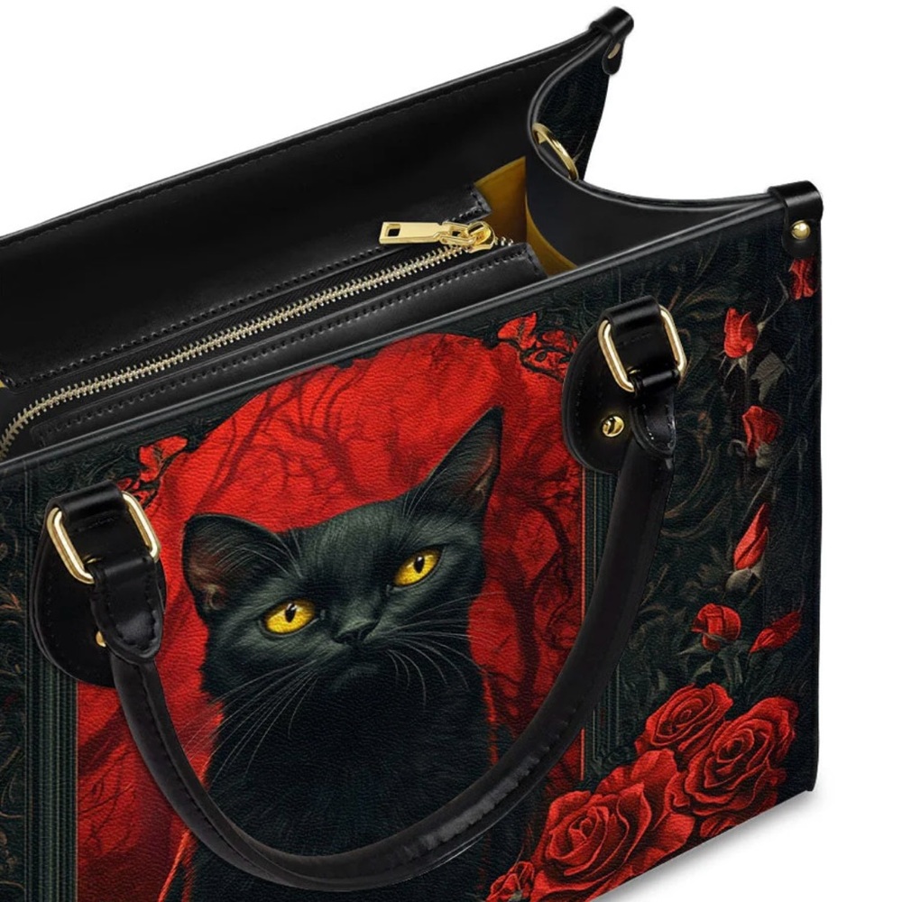 Black Cat Graphic Top Handle Handbag - Picture 4 of 9
